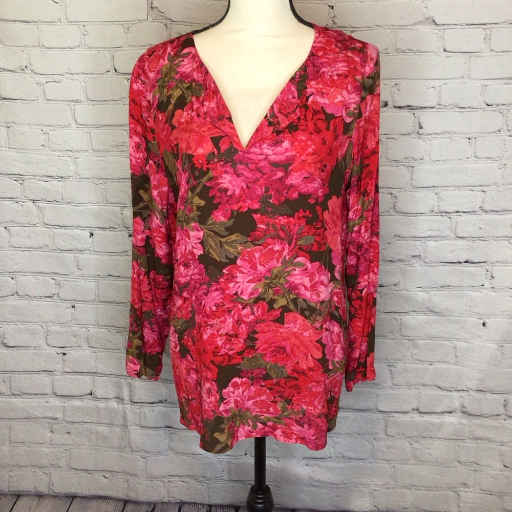 J Jill Pink Red Green Floral Split V-Neck Long Sleeve Pullover Blouse Medium